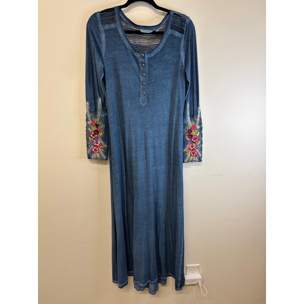 Soft Surroundings Blue Embroidered Crochet Lace Henley Maxi Dress XS